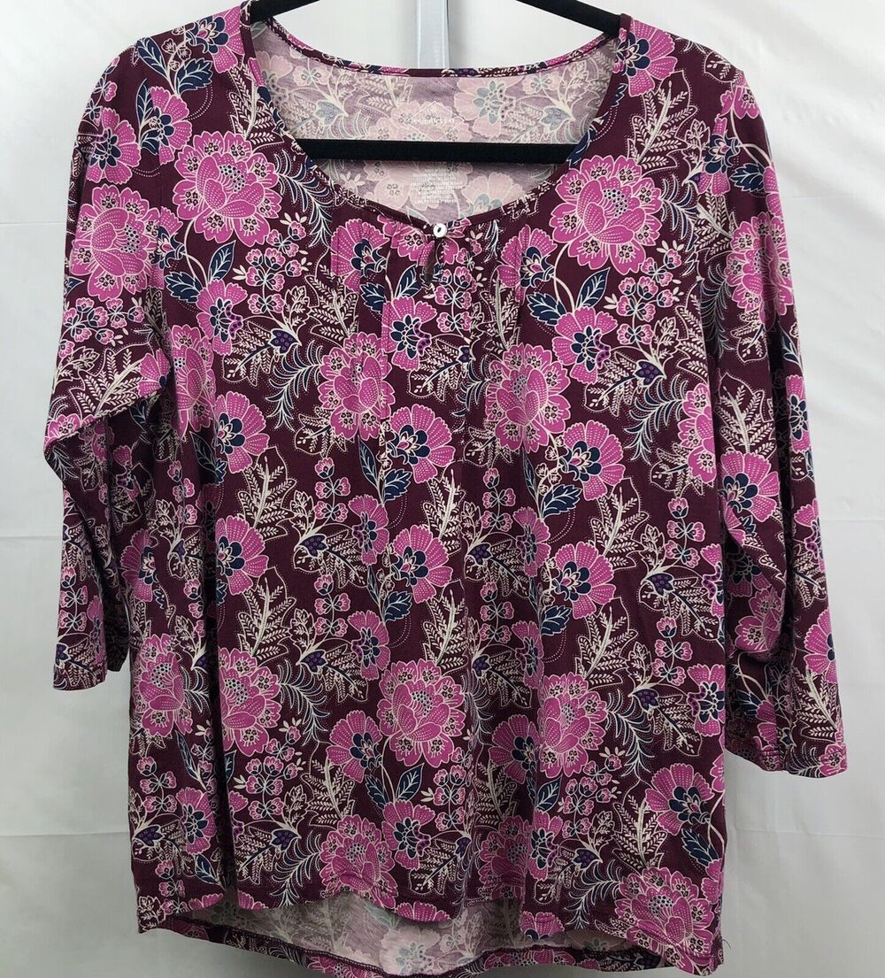 St John's Bay Top Women Petite PL Maroon Floral 100% Cotton Pintuck 3/4 Sleeve